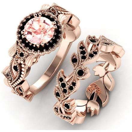 Mode Dames Bloem Blad Ingelegd Poeder Zirkoon Ring Creatieve Rose Goud Kleur Bladeren Ontwerp Bruids Verlovingsring Set 8 beige