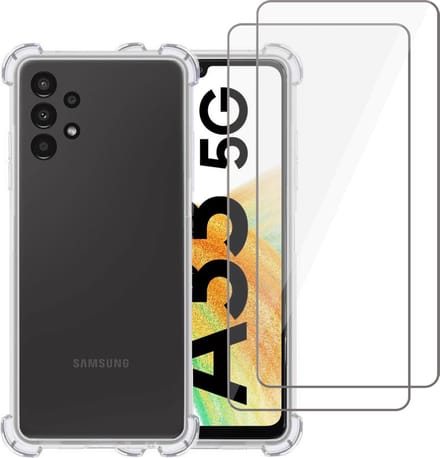 Hoesje geschikt voor Samsung A33 5G + 2x Screenprotector – Tempered Glass - Extreme Shock Case Transparant