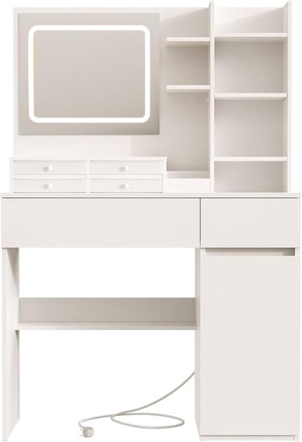 Kaptafel met LED Spiegel - Make-up Tafel Bureau - Schoonheid Verfraaien - Verstelbare Helderheid - 90x40x136cm - Wit