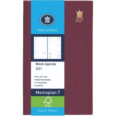 Agenda 2025 Ryam Memoplan 7 Suprema 7dagen/2pagina's bordeaux
