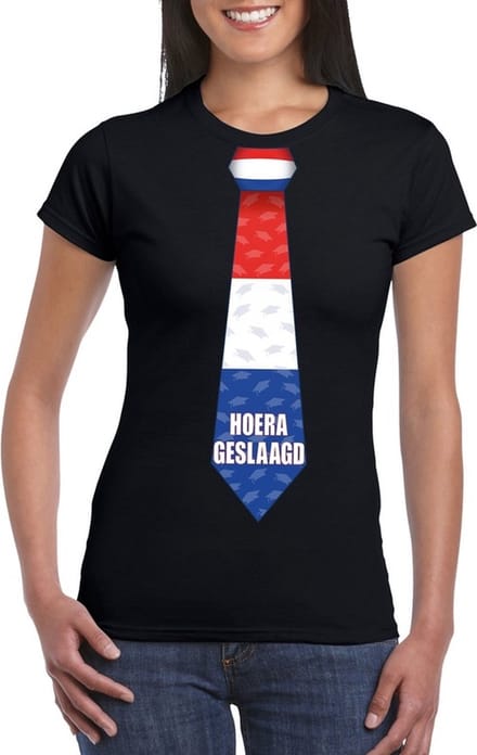 Geslaagd t-shirt zwart met stropdas dames S