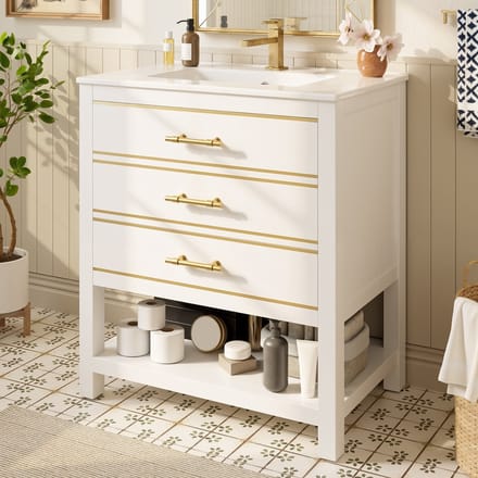 MODFU Badkamermeubel Met Keramische Wastafel - 2 Laden En Open Vak - Modern - MDF - Wit En Goud - 76 cm