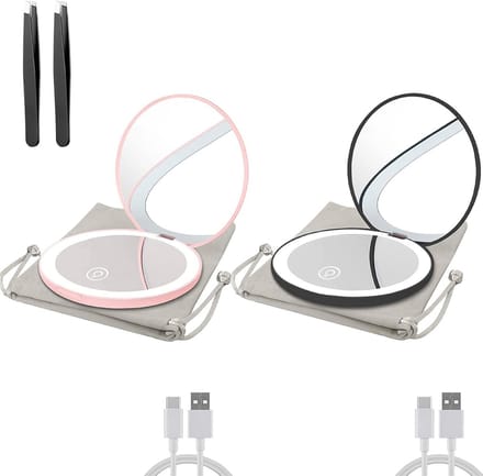 Compacte Spiegel - Zakspiegel LED - Make-up Aanbrengen - Verstelbare Helderheid - 2 Stuks - Zwart Roze