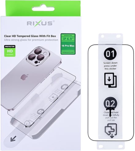 Rixus Clear HD Tempered Glass With Fit Box For Apple iPhone 16 Pro Max