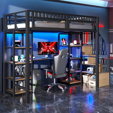 MODFU - Hoogslaper – 90x200 cm – Met bureau, opbergtrap & LED (app) – Zwart metaal/MDF