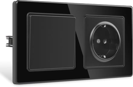 Lichtschakelaar met Stopcontact en Glazen Frame - Inbouwstopcontact Zwart met Dubbele Aansluitingen