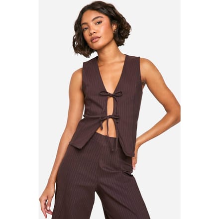 boohoo Dames Lange Tie Front Pinstripe Vest | Chocolate | Maat: 10