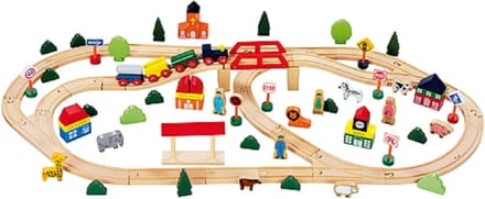 De luxe set houten treinbaan 95 delig maat 74 x 104 cm
