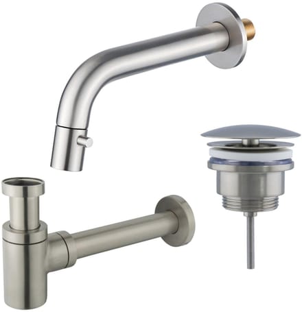 FugaFlow Eccelente Acces Fonteinkraanset - inbouw - uitloop 18cm - inkortbaar - sifon - always open plug - Geborsteld RVS PVD (RVS)