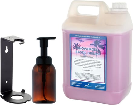 Zeepdispenser 300 ml amber bruin hervulbaar + 5 liter Showergel Exotic Dream navulling (inclusief beugel)