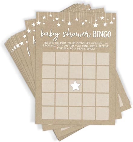 Babyshower Spel - Bingo Kaarten - Cadeau Gissen - Rustiek Kraft Design - 50 Kaarten - Bruin