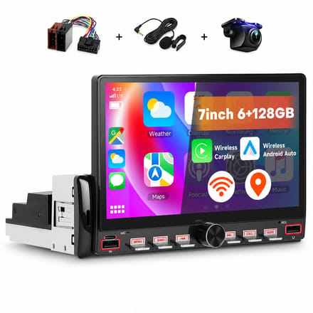 Boscer 1 Din Autoradio met Scherm - Draadloos Apple CarPlay & Android Auto - 7 Inch HD Touchscreen - Android 15 - 6+128GB - GPS Navigatie, WiFi & Bluetooth - Achteruitrijcamera & Microfoon