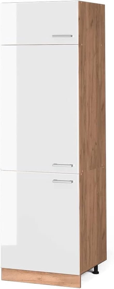 Moderne 60 cm Koelkastombouw Kast - Hoogglans Wit & Eikenlook Goud
