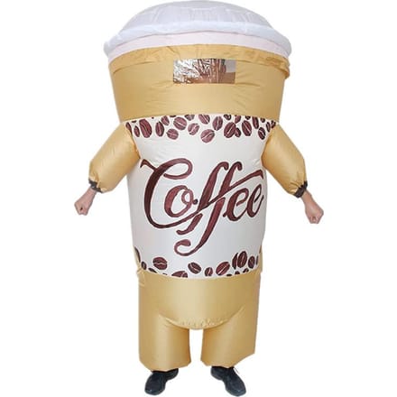 Grappig koffiekopje opblaaskostuum, volwassen 150-190cm geel