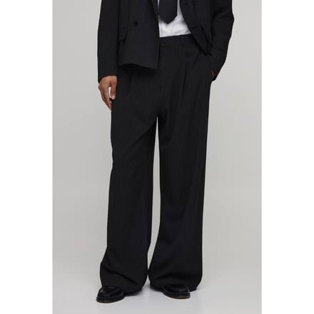 Gestreepte Wijde Pijpen Plooivoorkant Gesneden Pantalon | Black | Size 28