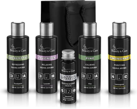 Beauty & Care® Sauna Klassiek M Giftset - Saunageur - Voor Sauna - 4 x 100 ml saunageur en 10 gram menthol kristallen - zwarte flesjes met aluminium klepdop - Luxueus genieten en ontspannen - geeft een heerlijke geur tijdens de saunagang