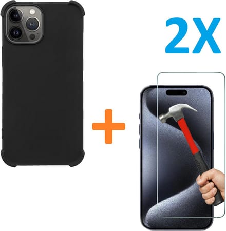 Shock-proof silicone hoesje met 2 Pack Tempered glas Screen Protector - zwart - Geschikt voor: iPhone 15 Pro