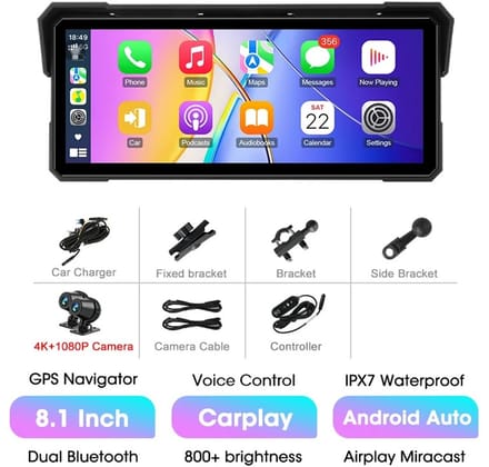 D&A Carplay - Carplay scherm - Motor - Draagbaar - Waterdicht - Android - IOS - GPS - Navigatie - Draadloos - 8.1 Inch scherm