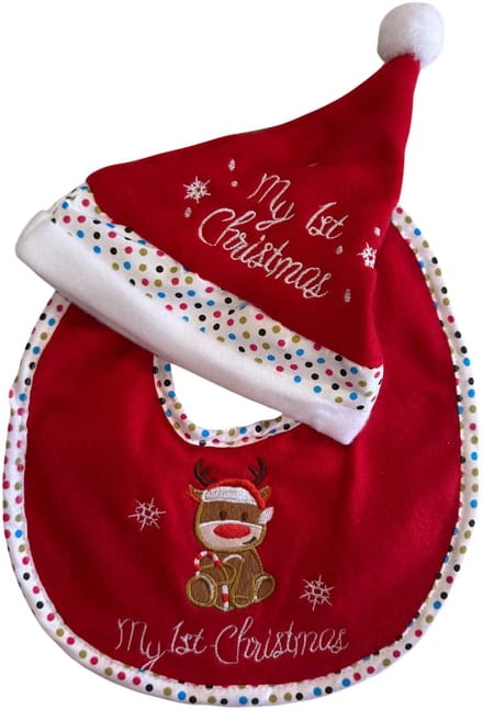HEM - Baby Set - Slabbetje + Kerstmuts - “My 1st Christmas” - Rendier met Candy Cane - Rood/Wit