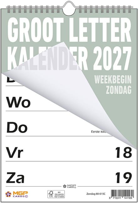 MGPcards - Grootletter kalender - 2027 - Week begint op zondag - 21 x 34 cm - Groen