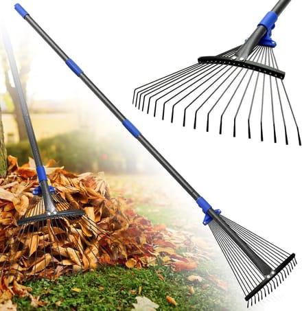 Tuin Bladhark - Gazon hark - Bladeren Opruimen - Verstelbare Kop - 200 cm Lang - Blauw