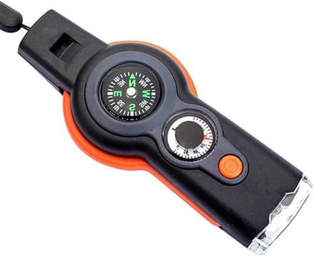 Multifunctionele Noodfluit met Kompas, Thermometer en LED Licht voor Hiking, Camping en Overleving