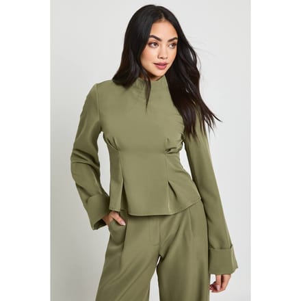 boohoo Dames Hoge Hals Peplum Top | Donkere Olijf | Maat: 44