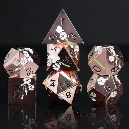 Dobbelstenen Set - Polyedrische Kubussen - Rollenspellen Spelen - Metaal met Bloemen Design - 7 Delig - Goud Wit