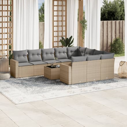 vidaXL - 11-delige - Tuinset - met - kussens - poly - rattan - beige