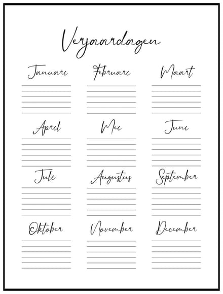 Poster Verjaardagskalender 2025 - 40x30 - Staand - Jaarkalender - Kalender Minimalisme - Planner