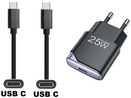 OneOne 25W super snellader USB C poort + 3,0m USB C naar USB C kabel en glazen screenprotector. Krachtige zwarte universele PD PPS lader. Compacte oplader adapter met GaN III technologie. Screenprotector past op iPhone 15 Plus, iPhone 15 Pro Max