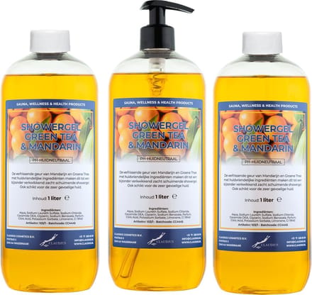 Claudius Douchegel Green Tea & Mandarin 1 liter - set van 3 stuks - met gratis pomp - Showergel