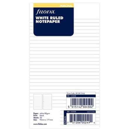 Filofax organiser vulling, pocket, gelinieerd wit notitiepapier à 30 vel