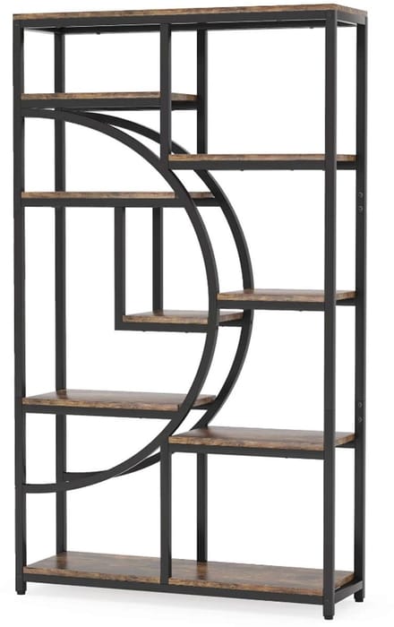 Boekenkast Half Moon – Open Wandkast met 9 Planken – Industrieel Design Zwart/Rustiek Bruin