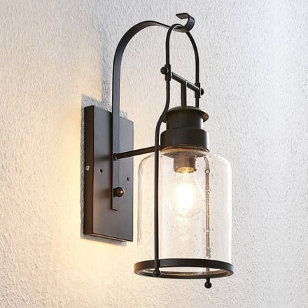 Lindby - wandlamp - 1licht - Metaal, glas - H: 44 cm - E27 - matzwart, transparant