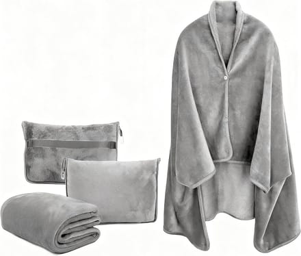 3-in-1 Multi-functionele Reisdeken Poncho & Kruik Grijs - Ideaal voor Auto, Camping en Vliegtuig