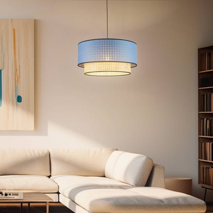 Duolla Boho-hanglamp, blauw/hout, Ø 45 cm, textiel/rotan
