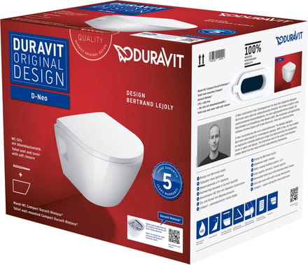 Duravit D-Neo Compact hangtoilet – Rimless – 37 x 48 cm – met softclose zitting – glans wit