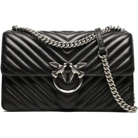 PINKO Schoudertas Love One Classic DC Sheep Nappa Chevron Black - Old Silver Zwart