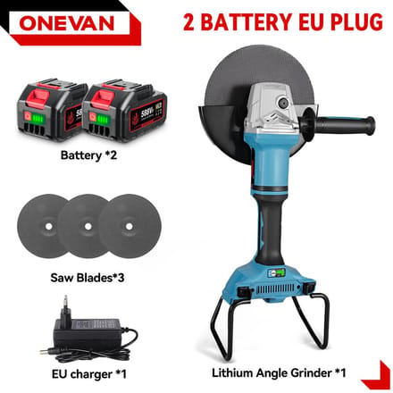 ONEVAN Meuleuse d'angle électrique sans balais 180MM Vitesse variable M14 Machine à découper Outil de travail du bois pour batterie Makita 18v Broche 2xBattery-EU Plug