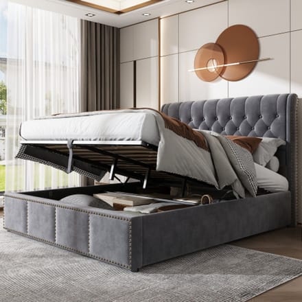 SINGULARITY-Gestoffeerd bed- met hydraulische hendel- functioneel bed met opbergruimte- klinknageldecoratie- 140 x 200 cm- zonder matras- fluweel- grijs