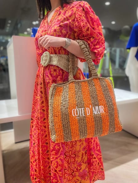 strandtas- shopper-oranje/taupe- gemaakt papyrusplant