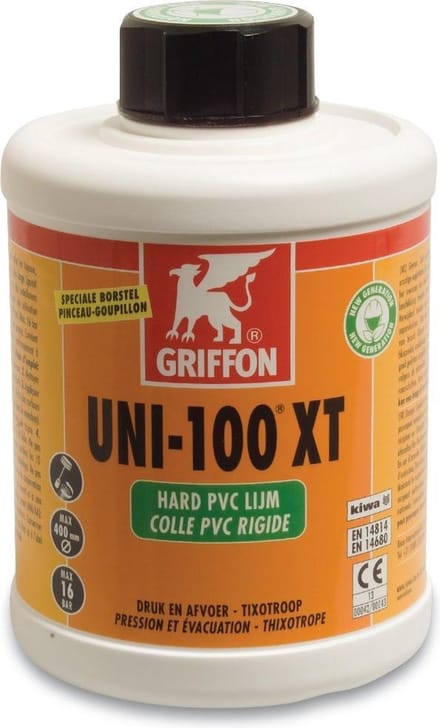 Griffon PVC-lijm 1ltr met kwast KIWA type Uni-100 XT label NL/FR