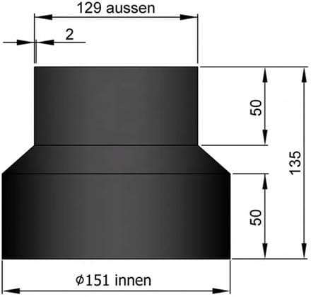 Kachelpijp verloop 150 -130 mm - staal 2mm dikwandig - zwart