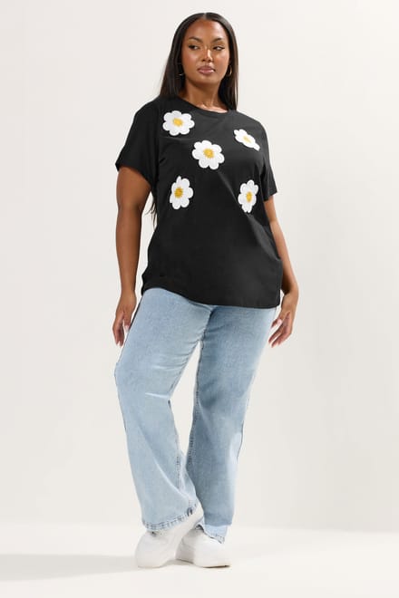 Yours Zwart Applicatie Daisy Tshirt Size 58-60