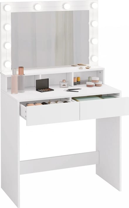 DHN Make-up tafel - Met verlichting - Kaptafel Met Verstelbare Led Verlichting Spiegel 2 Laden - Commode met Verlichting - Wit
