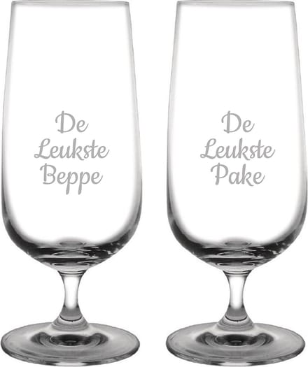 Gegraveerde bierglas op voet 41cl De Leukste Pake- De Leukste Beppe
