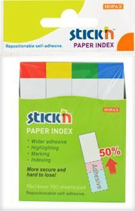 Stick'n Index Notes - 76x14mm - 4x kleuren - 100 memoblaadjes - 400 totaal