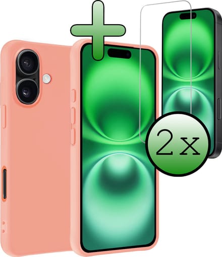 Hoesje Met 2x Screenprotector - Geschikt voor Apple iPhone 16 - Sterk & Shockproof - Back Cover - Siliconen Case - Telefoon Hoes - Perzik
