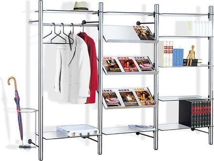 Kapstok Arte 240 cm RVS met glas docu wand Inclusief Folderplanken & Parapluhouder